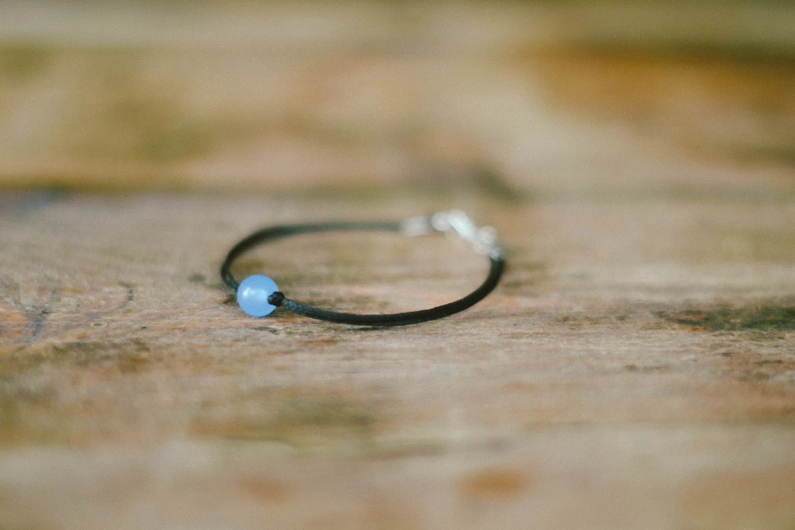 Aquamarine bracelet for men, blue March birthstone, black cord