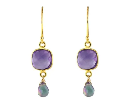 AVF Gold Square Bezel Amethyst & Mystic Topaz Earrings (SI6732)