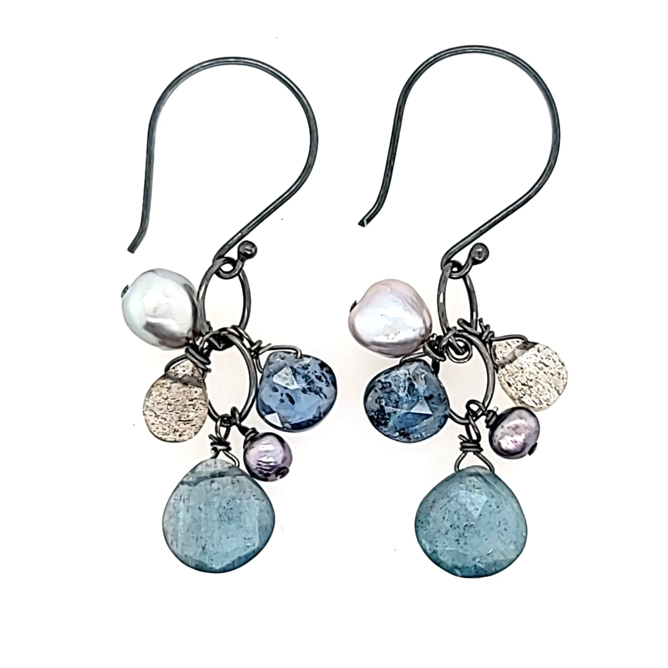 AVF Oxidized Moss Aqua, Pearl, Labradorite & Blue Topaz Cluster Earrings (SI1224)