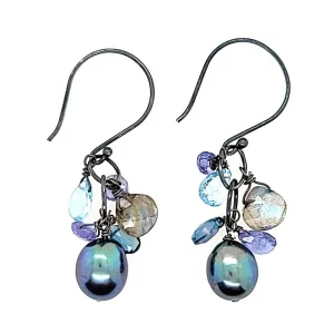 AVF Oxidized Tahitian Pearl, Tanzanite, Labradorite & Blue Topaz Cluster Earrings (SI2913)