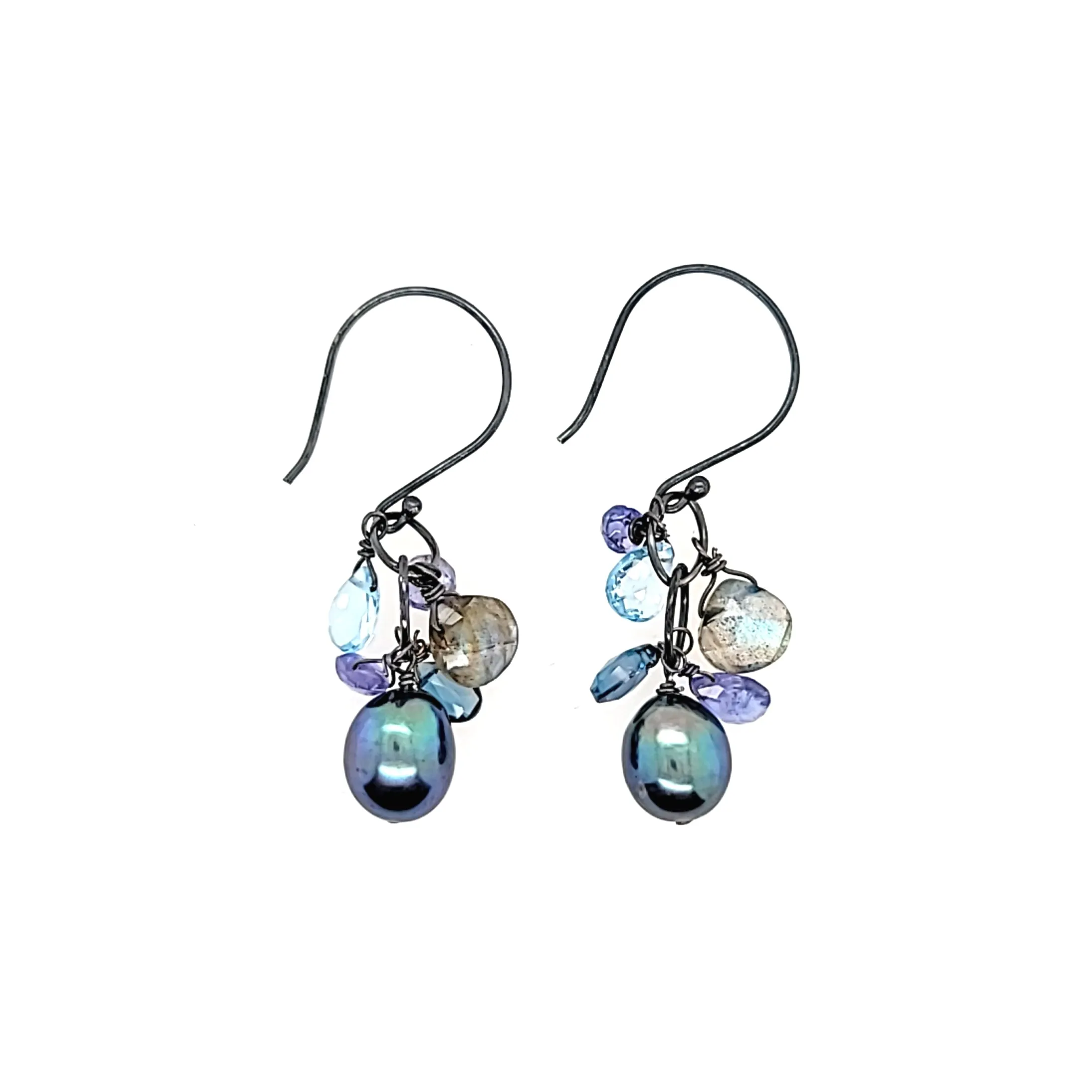 AVF Oxidized Tahitian Pearl, Tanzanite, Labradorite & Blue Topaz Cluster Earrings (SI2913)