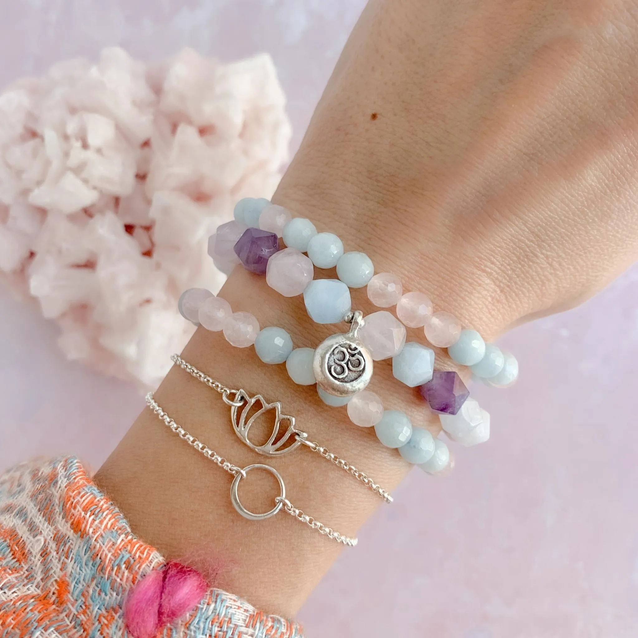 Be Still Stack | Om | Aquamarine, Rose Quartz, Amethyst