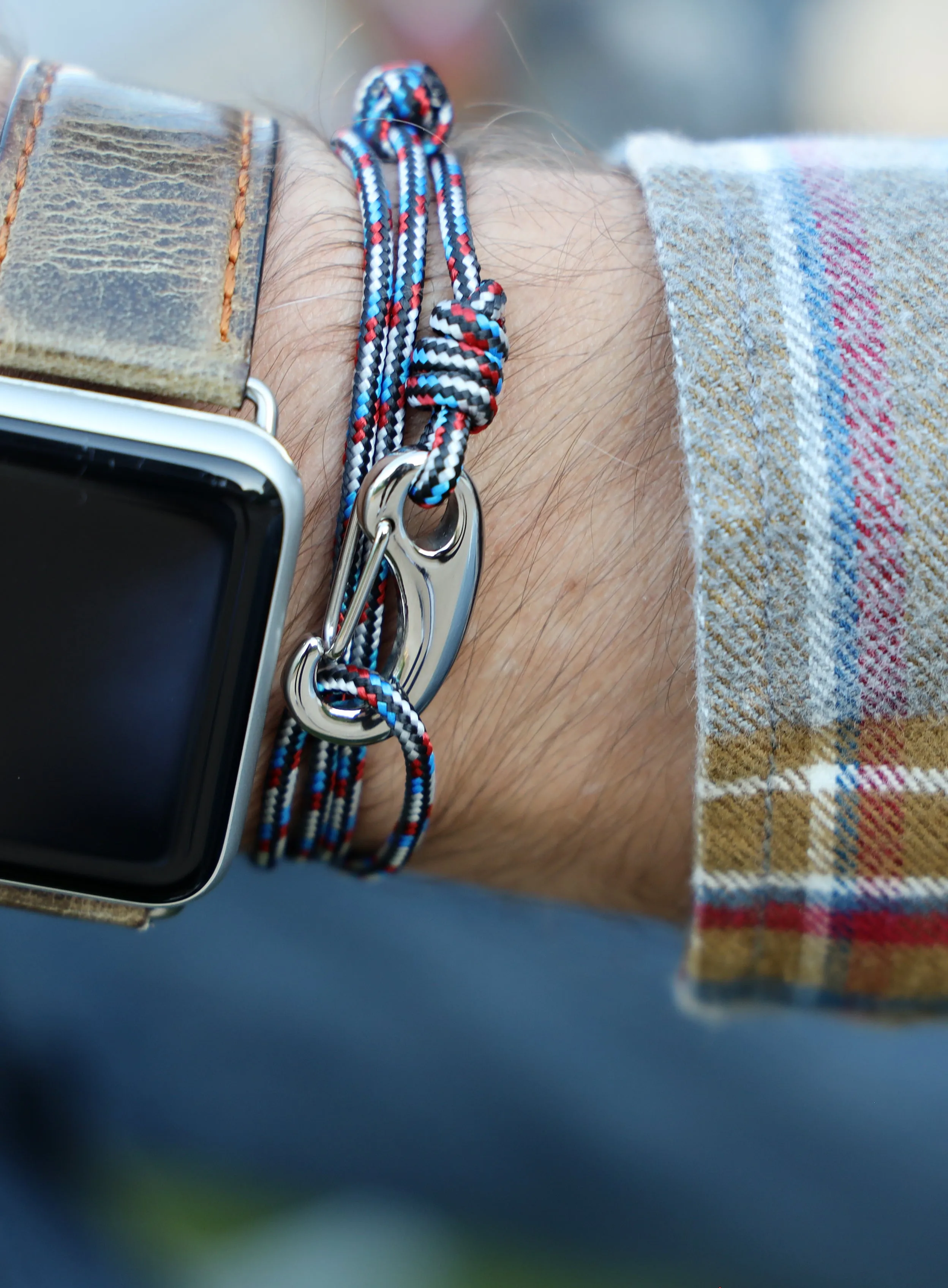Black, Red and Blue Tactical Cord Bracelet for Men (Silver Clasp -21S)