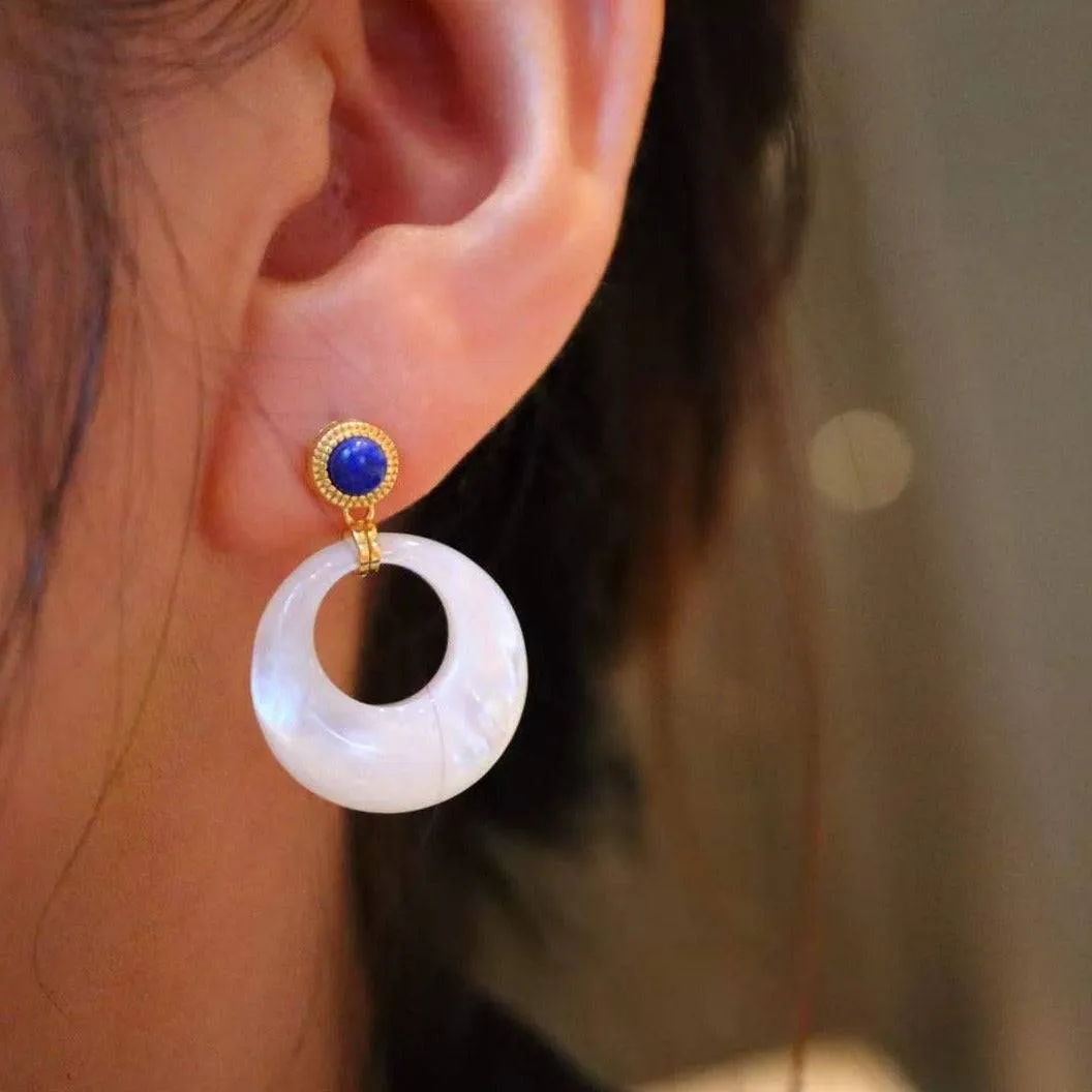 Blue Lapis Lazuli Circle Mother of Pearls Earrings Gold Vermeil
