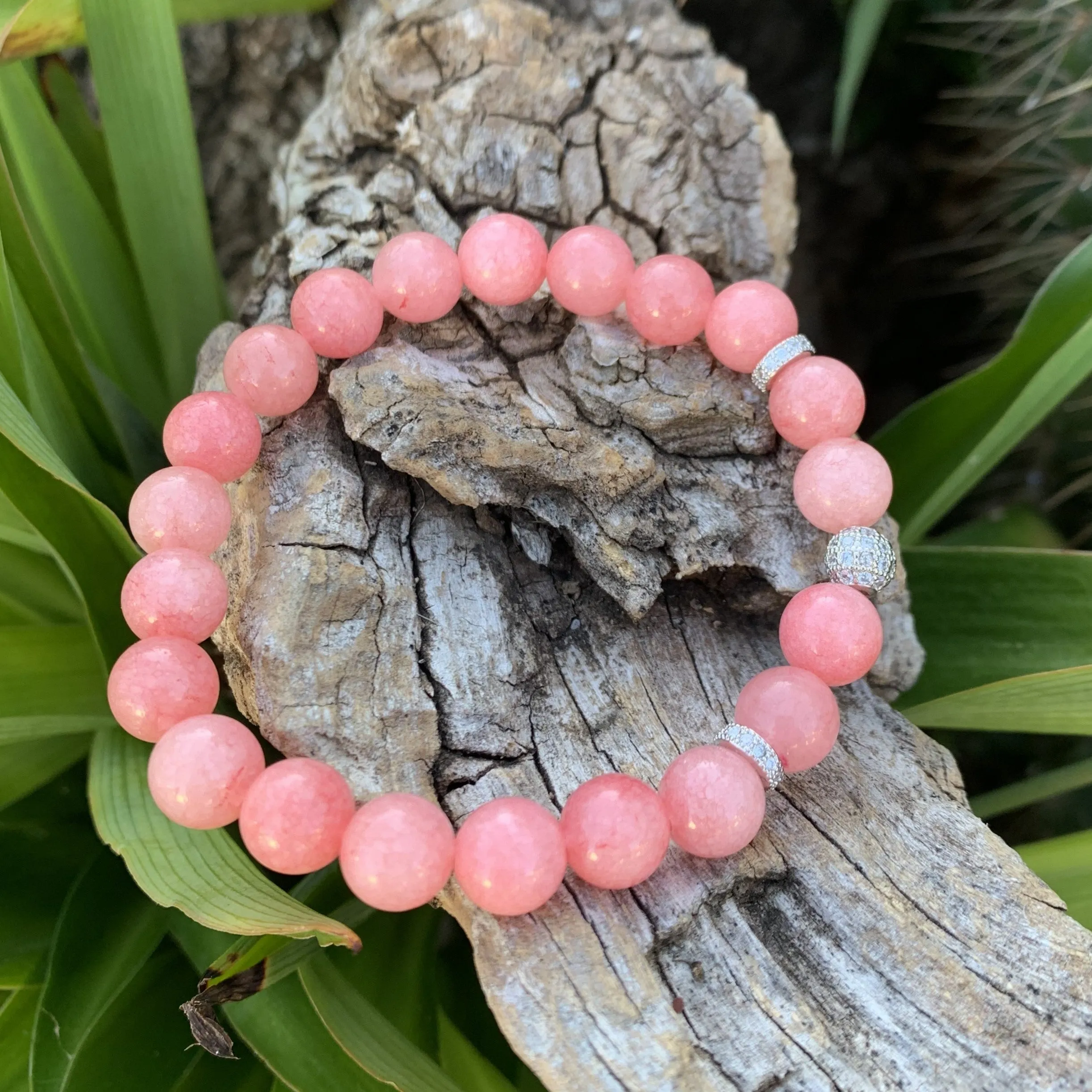 Bracelet en rhodochrosite plaqué or et zircon, le féminin, cadeau Noël