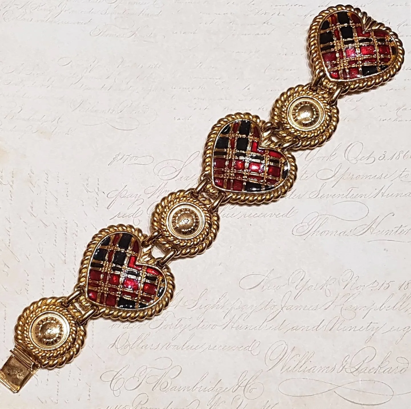 Butler and Wilson Heart Bracelet Gold Enamel Tartan Punk Vintage Signed