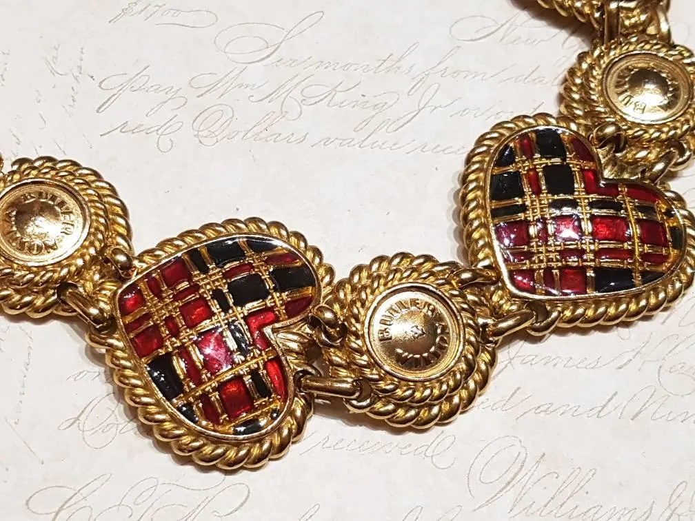 Butler and Wilson Heart Bracelet Gold Enamel Tartan Punk Vintage Signed