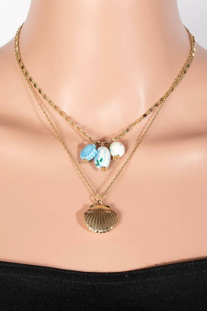 Clam Locket And Floral Bead Charms Layered Chain Necklace