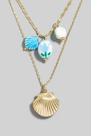 Clam Locket And Floral Bead Charms Layered Chain Necklace