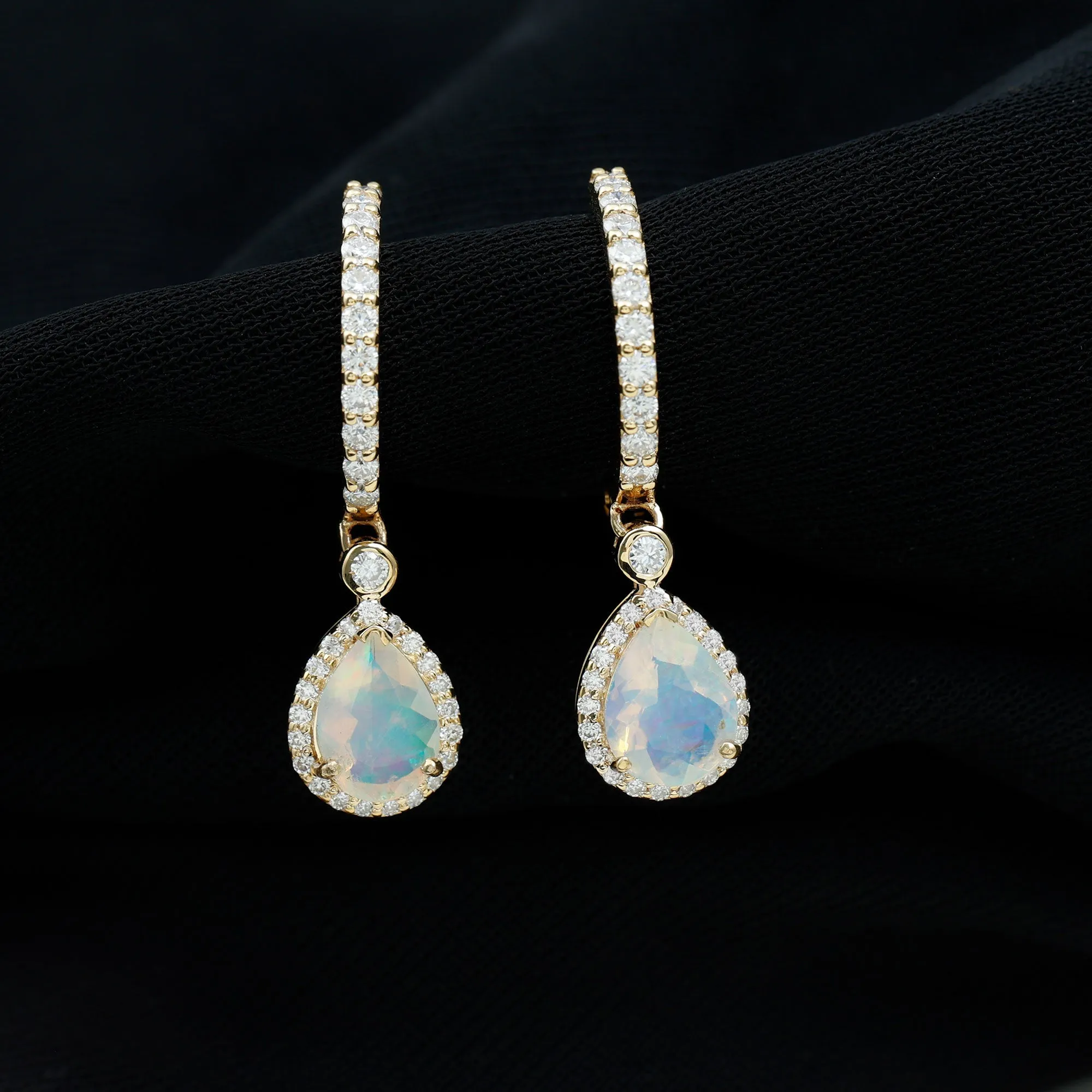 Classic Ethiopian Opal Hoop Drop Earrings with Moissanite