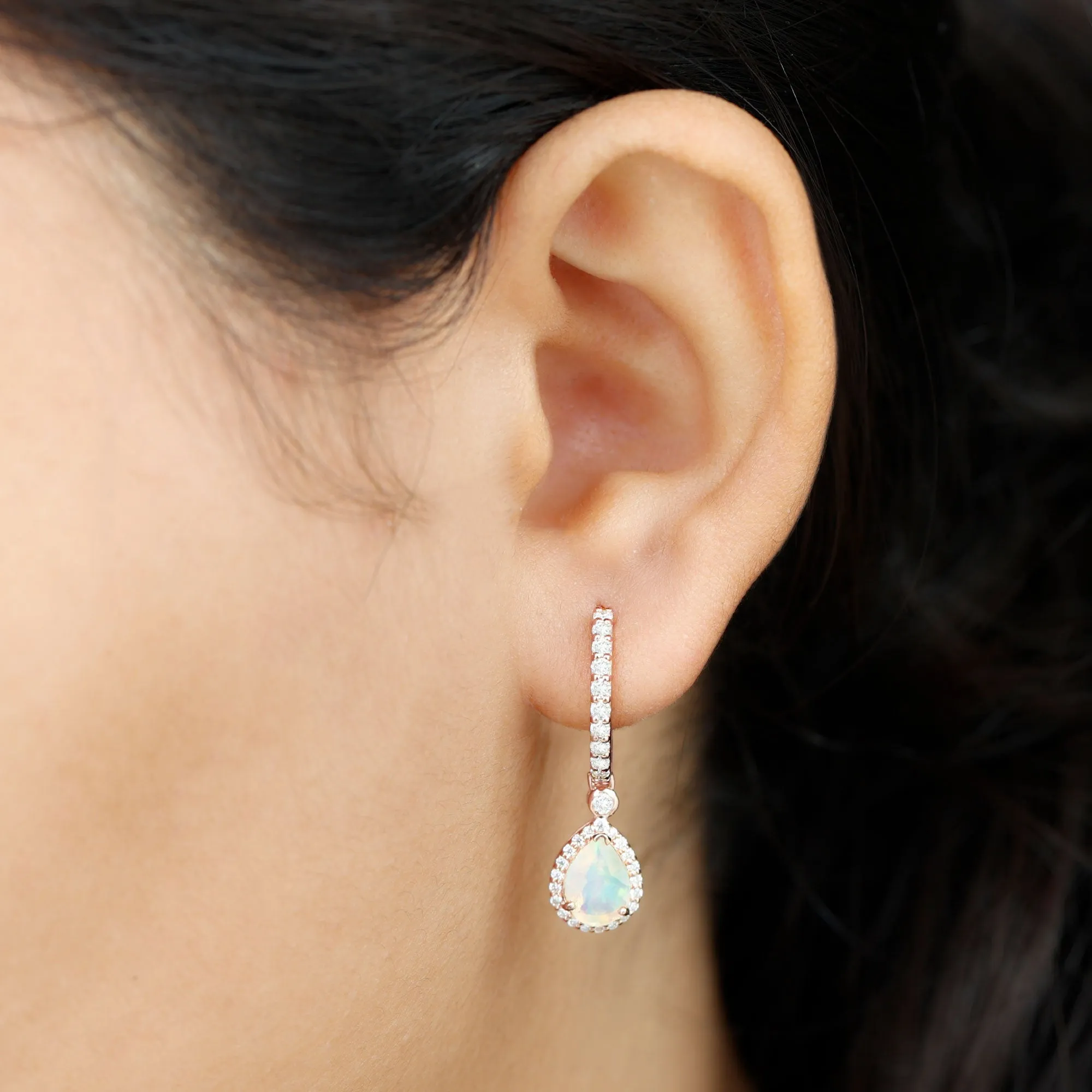 Classic Ethiopian Opal Hoop Drop Earrings with Moissanite