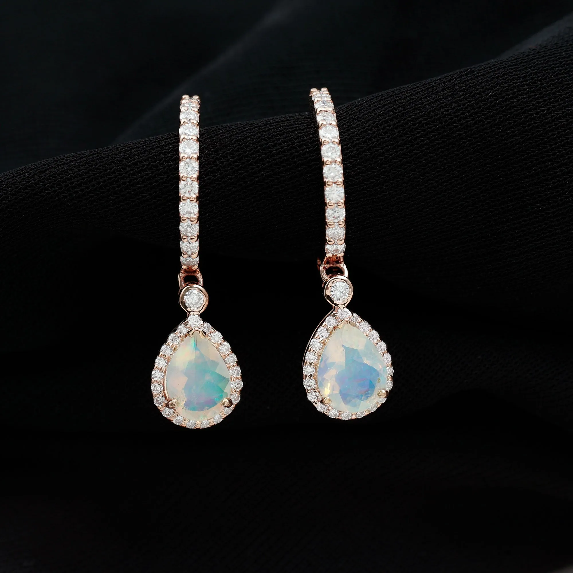 Classic Ethiopian Opal Hoop Drop Earrings with Moissanite