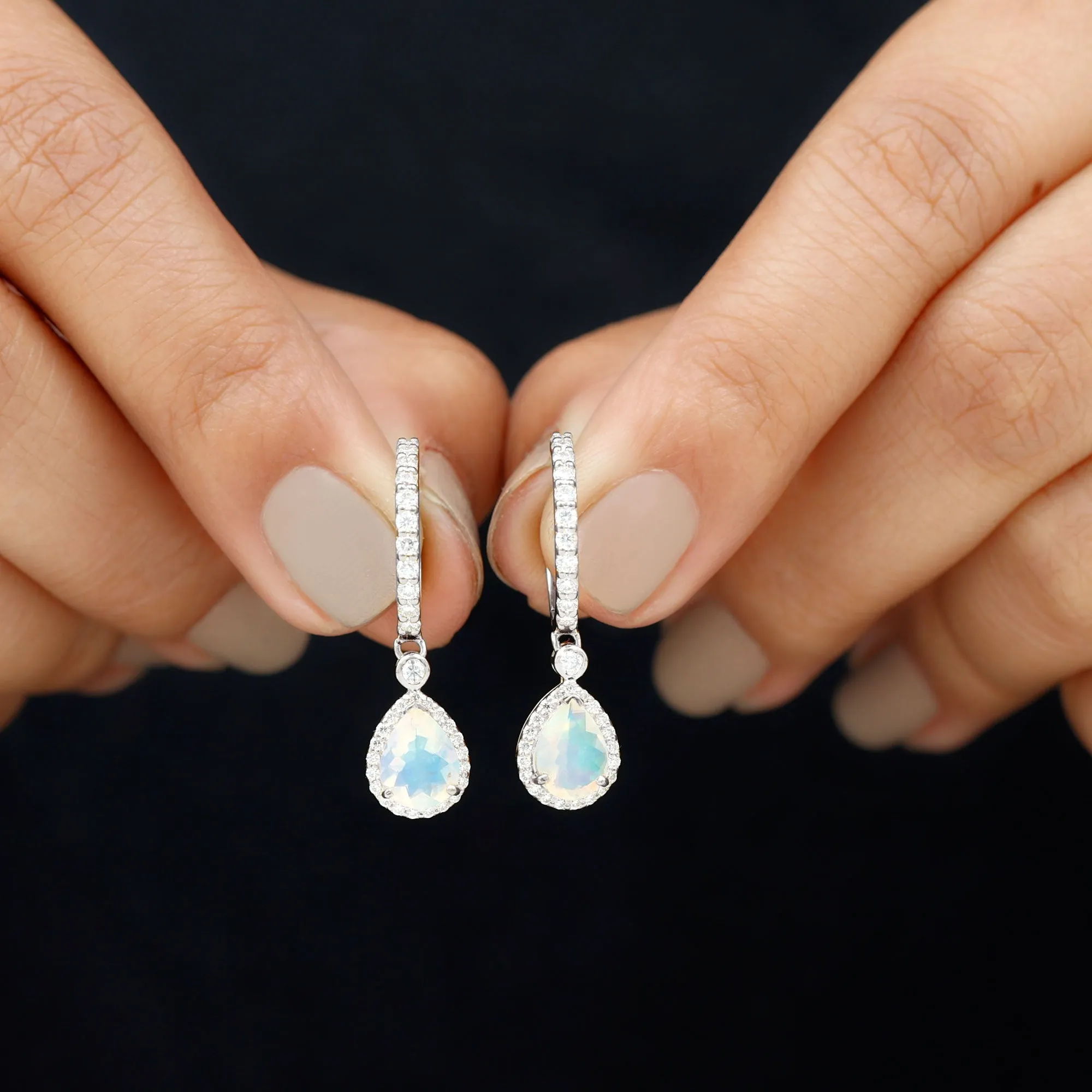 Classic Ethiopian Opal Hoop Drop Earrings with Moissanite