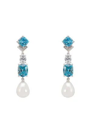 Cordelia Pearl & Blue Topaz Long Drop Earrings Silver