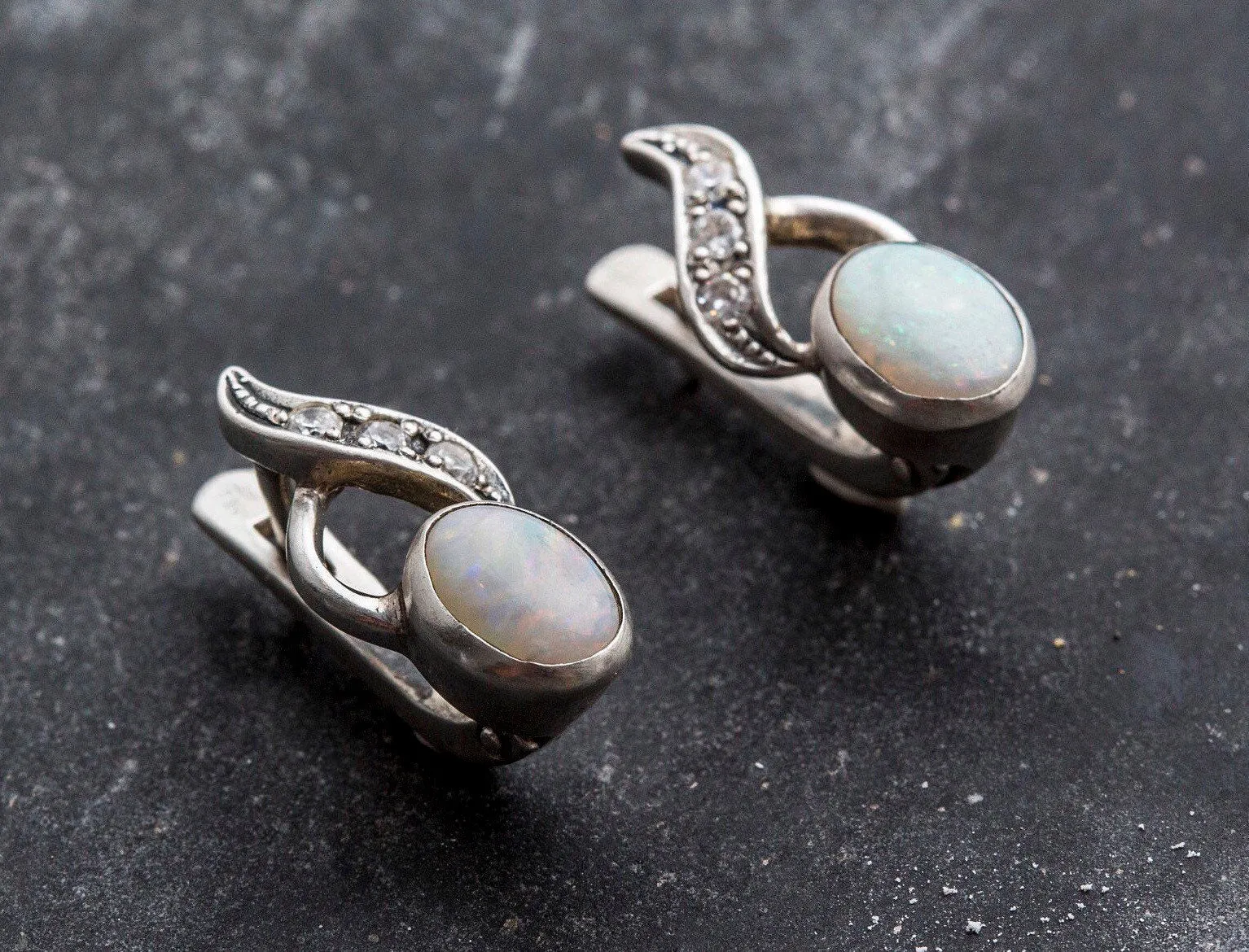 Elegant Opal Earrings - White Bezel Earrings - Vintage Drop Earrings