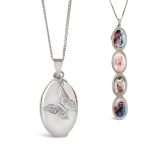 Four Photo Oval Butterfly Locket | Silver