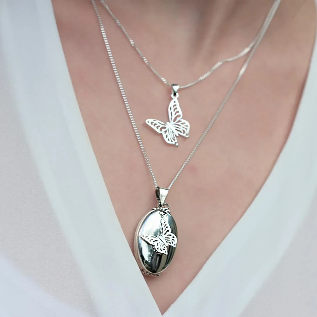 Four Photo Oval Butterfly Locket | Silver