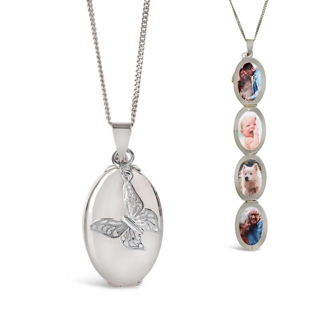 Four Photo Oval Butterfly Locket | Silver