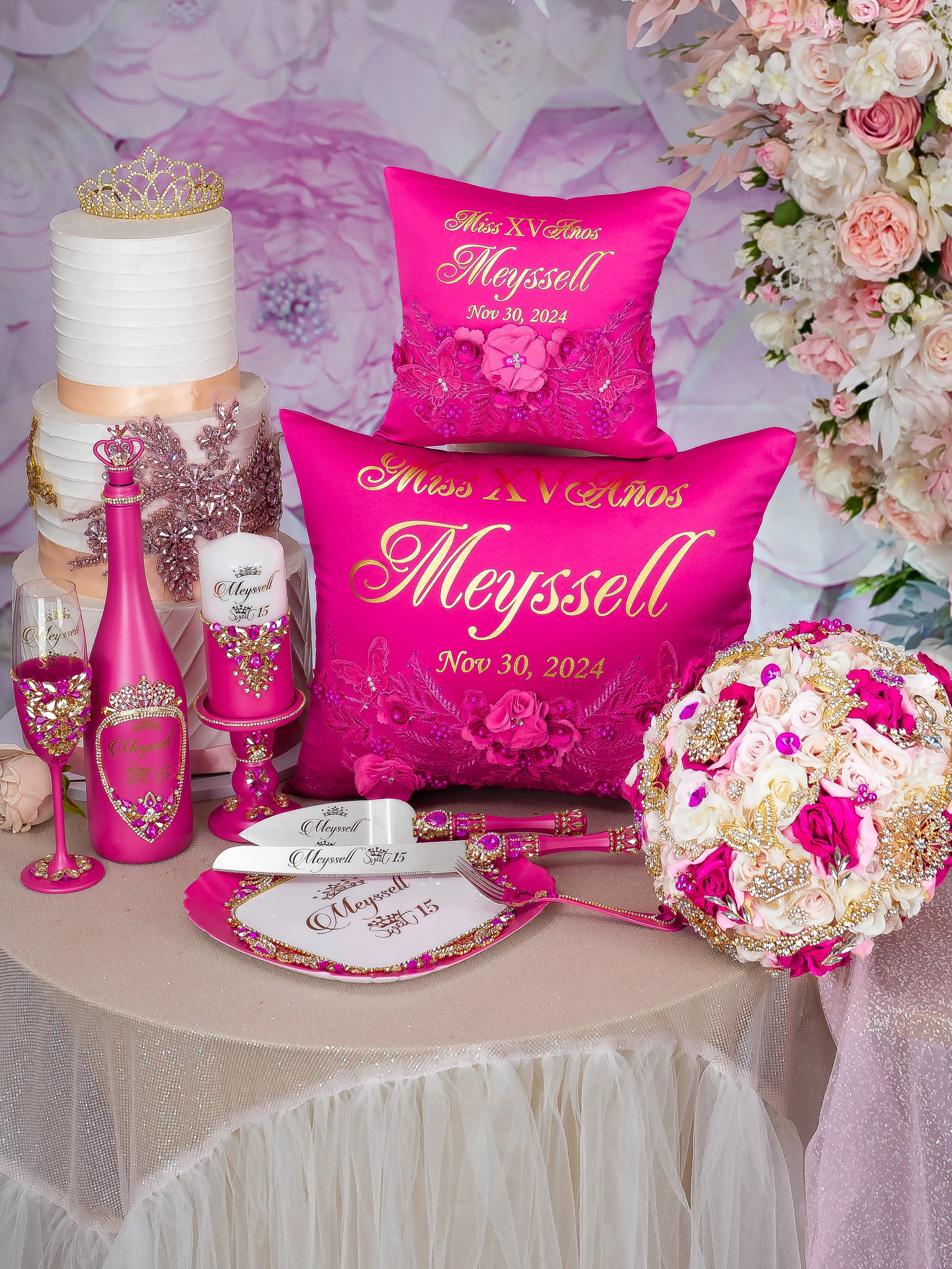Fuchsia quinceanera tiara pillow