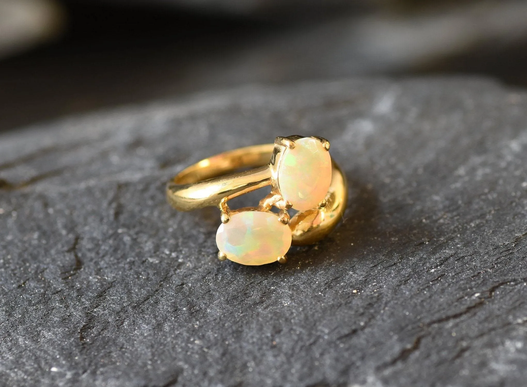 Gold Opal Ring - Two Stone Opal Ring - October Birthstone Ring