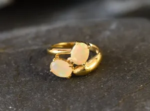 Gold Opal Ring - Two Stone Opal Ring - October Birthstone Ring
