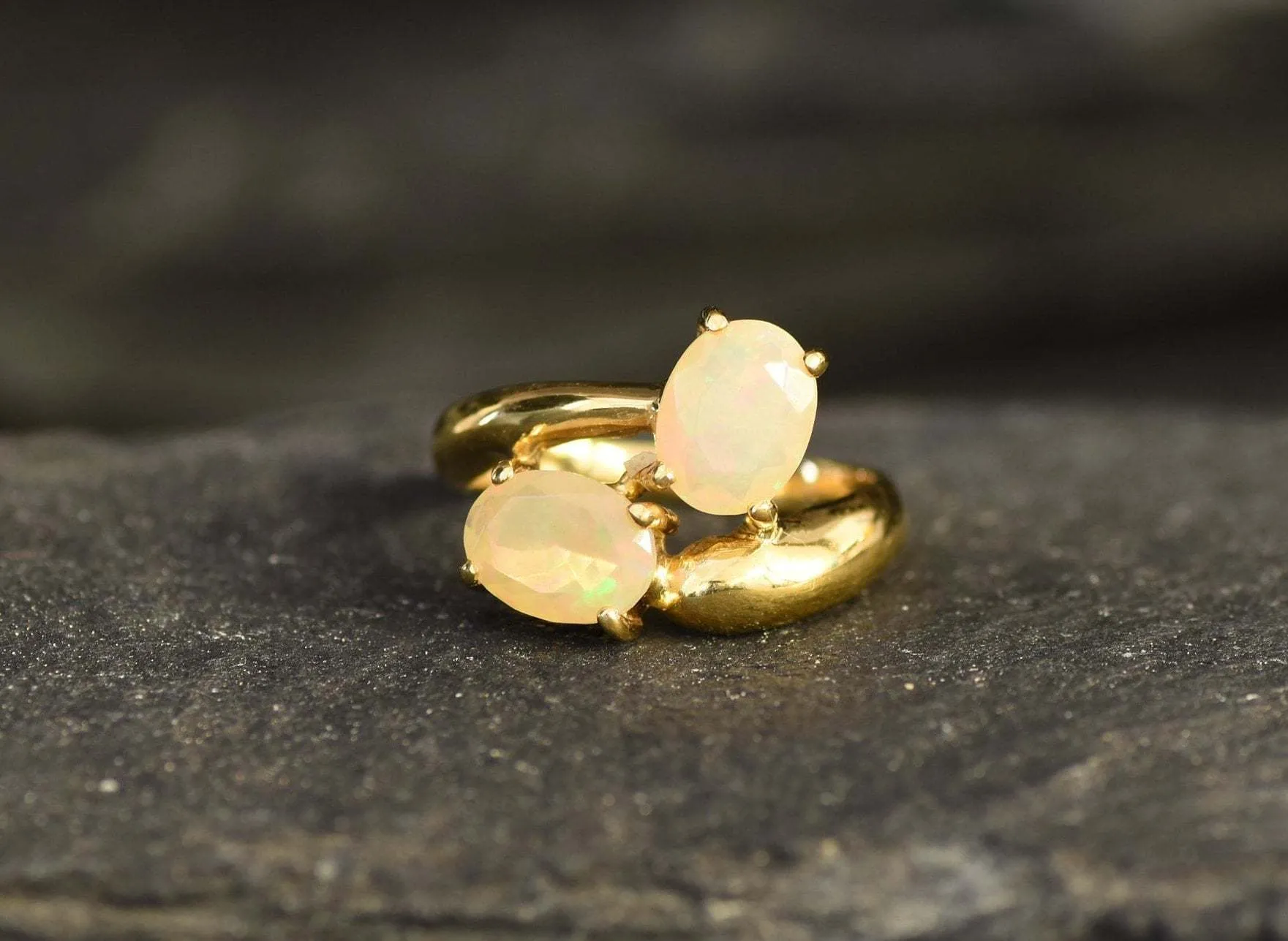 Gold Opal Ring - Two Stone Opal Ring - October Birthstone Ring