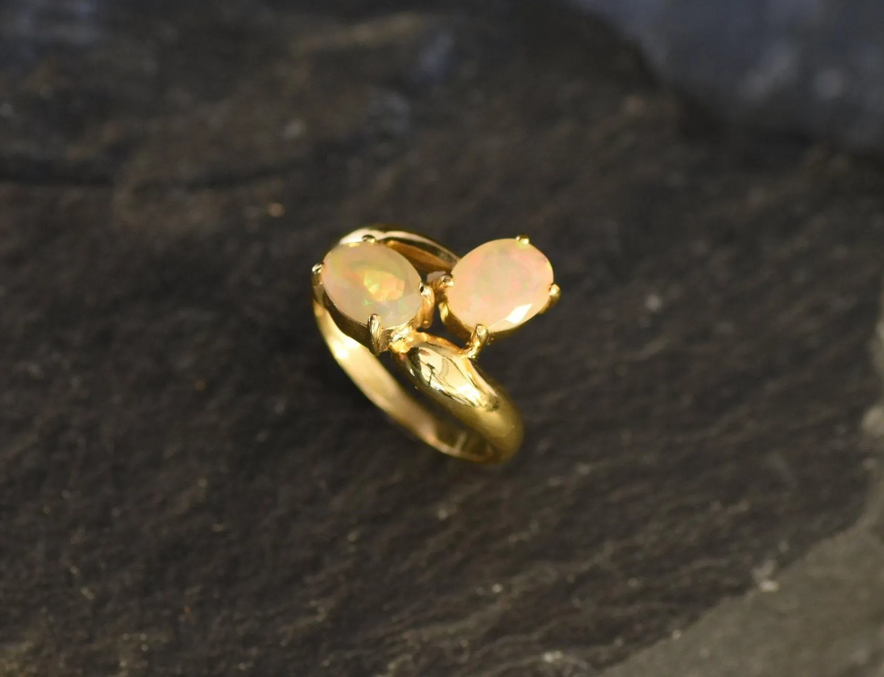 Gold Opal Ring - Two Stone Opal Ring - October Birthstone Ring