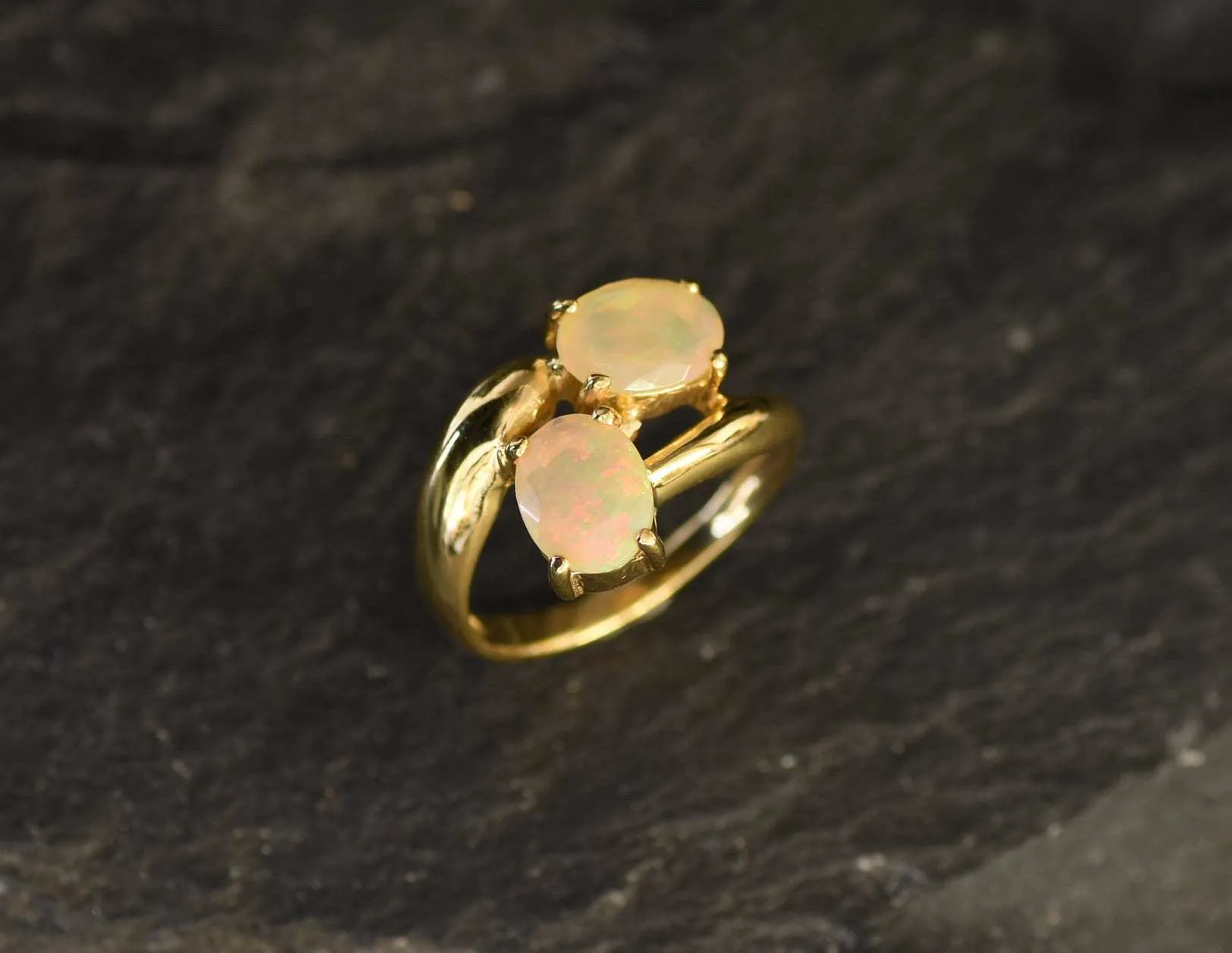 Gold Opal Ring - Two Stone Opal Ring - October Birthstone Ring