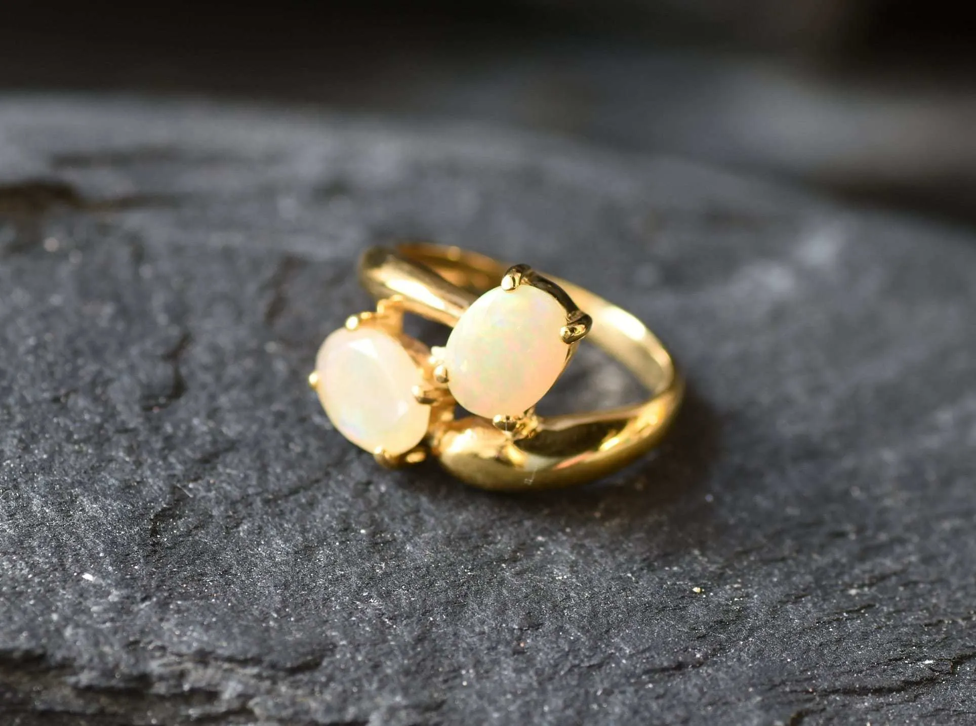Gold Opal Ring - Two Stone Opal Ring - October Birthstone Ring
