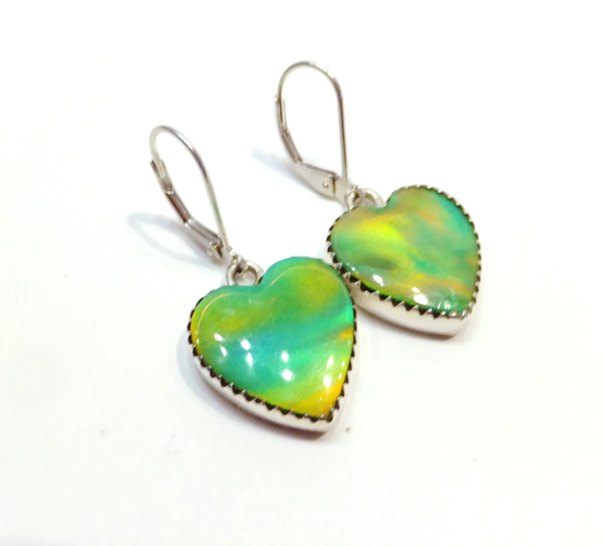 Green Aurora Opal Heart Drop Earrings