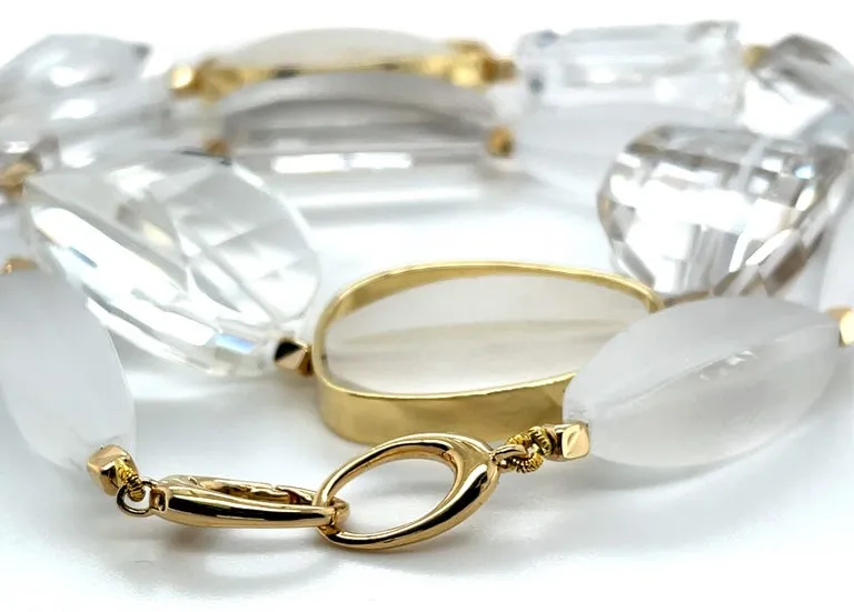 Hand Carved Rock Crystal Quartz Bead Necklace with 18k Yellow Gold Accents