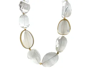 Hand Carved Rock Crystal Quartz Bead Necklace with 18k Yellow Gold Accents