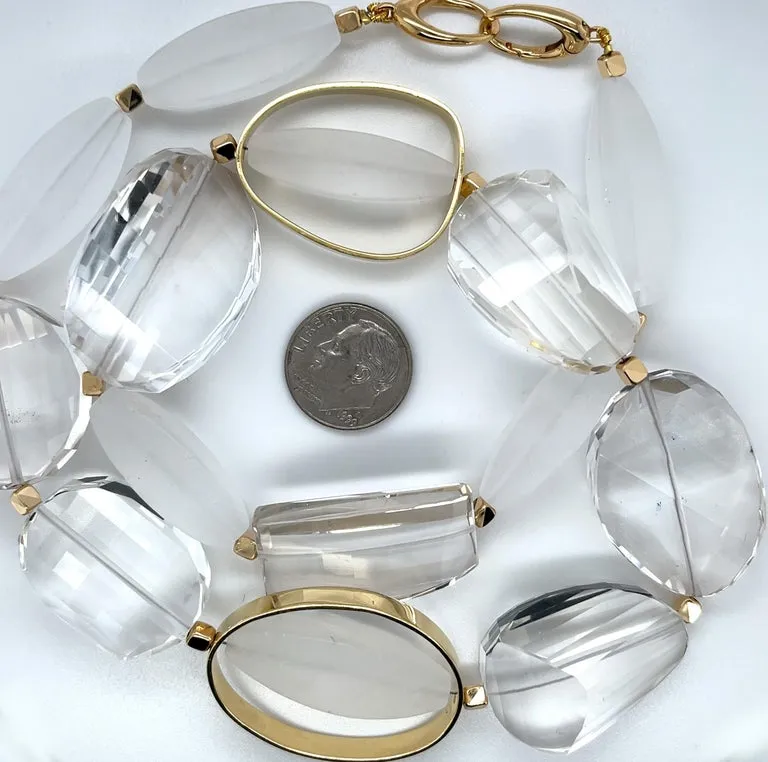 Hand Carved Rock Crystal Quartz Bead Necklace with 18k Yellow Gold Accents