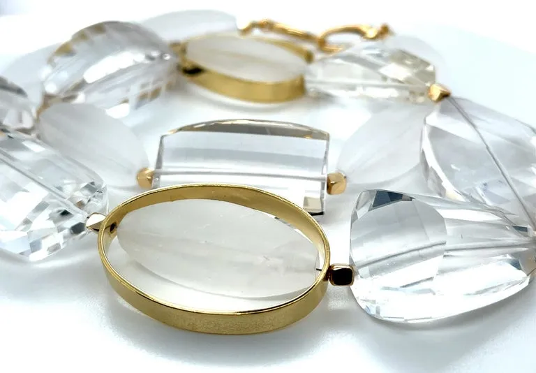 Hand Carved Rock Crystal Quartz Bead Necklace with 18k Yellow Gold Accents