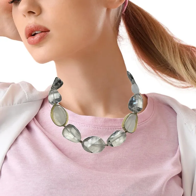 Hand Carved Rock Crystal Quartz Bead Necklace with 18k Yellow Gold Accents