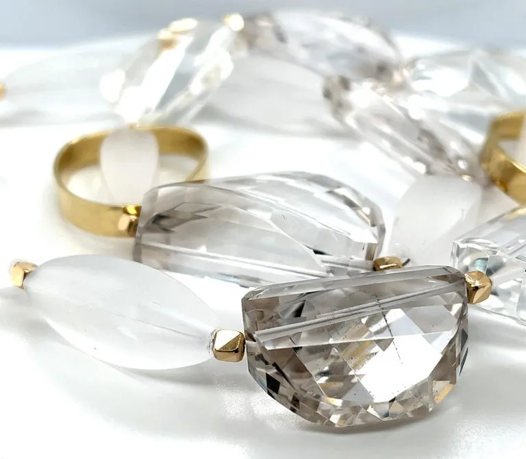 Hand Carved Rock Crystal Quartz Bead Necklace with 18k Yellow Gold Accents