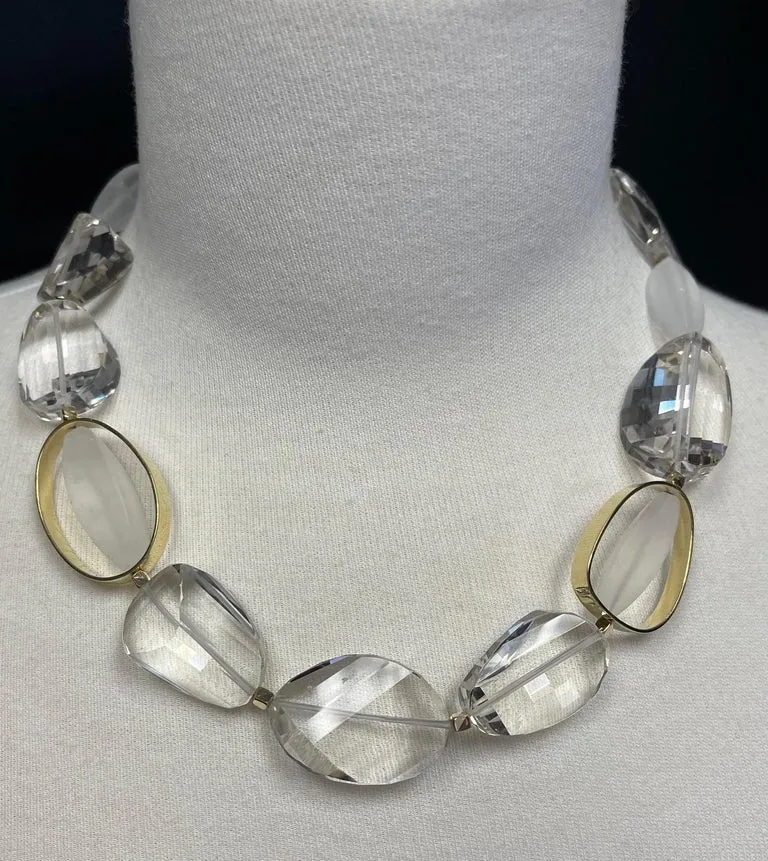 Hand Carved Rock Crystal Quartz Bead Necklace with 18k Yellow Gold Accents
