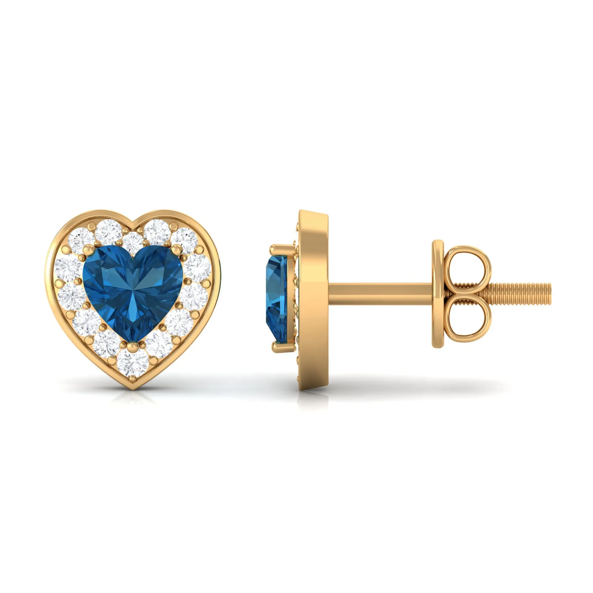 Heart Shape Real London Blue Topaz and Diamond Halo Stud Earrings