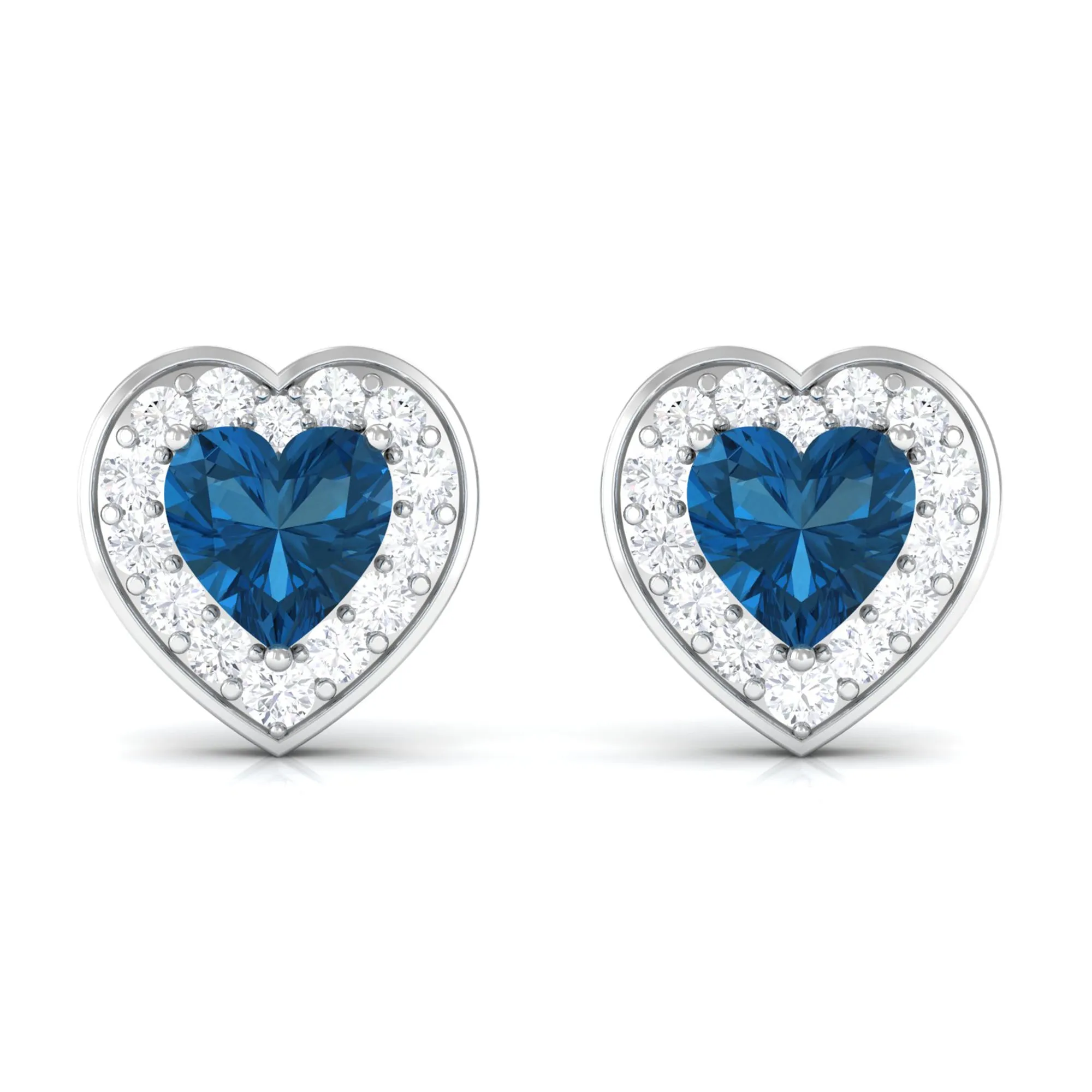 Heart Shape Real London Blue Topaz and Diamond Halo Stud Earrings