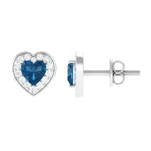 Heart Shape Real London Blue Topaz and Diamond Halo Stud Earrings