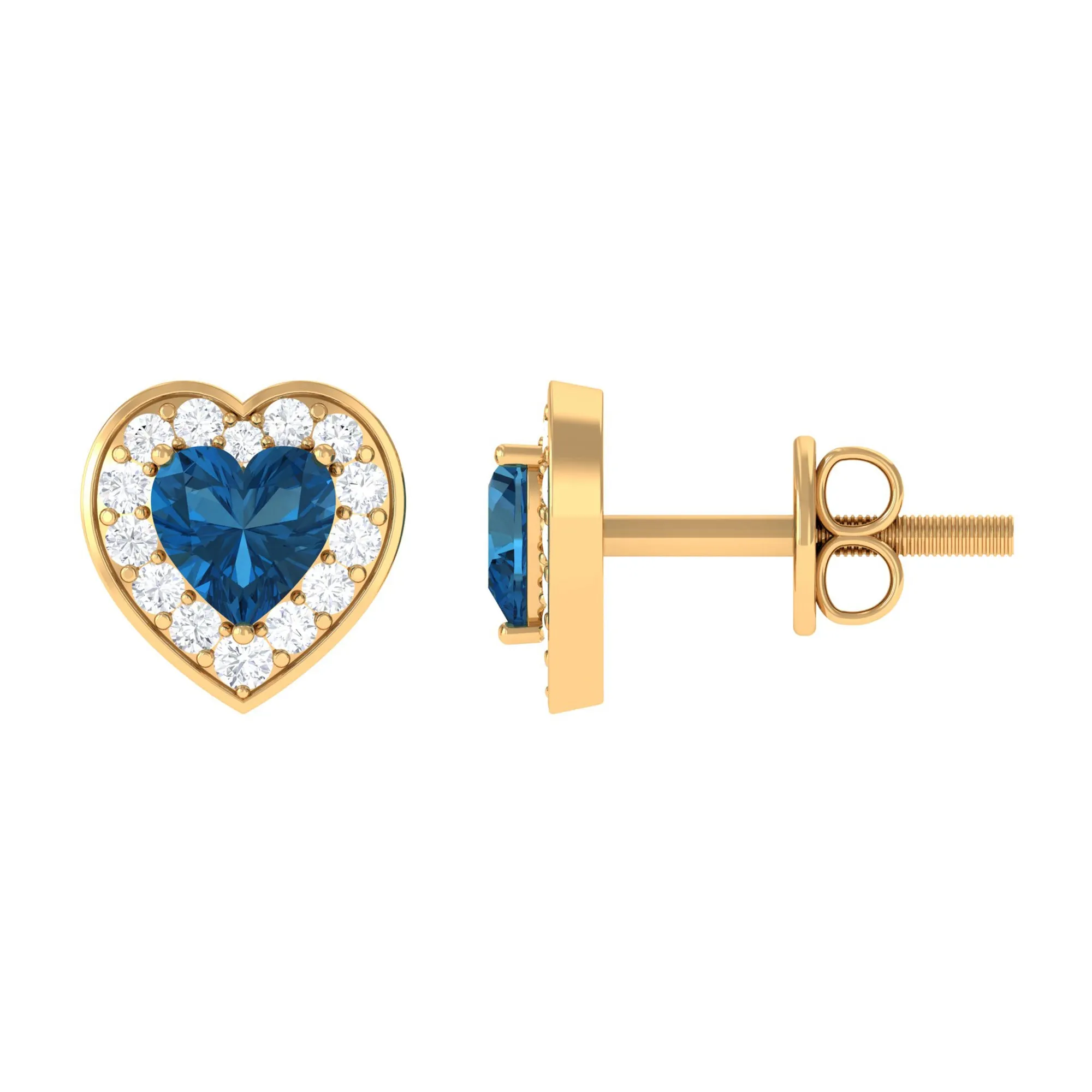 Heart Shape Real London Blue Topaz and Diamond Halo Stud Earrings
