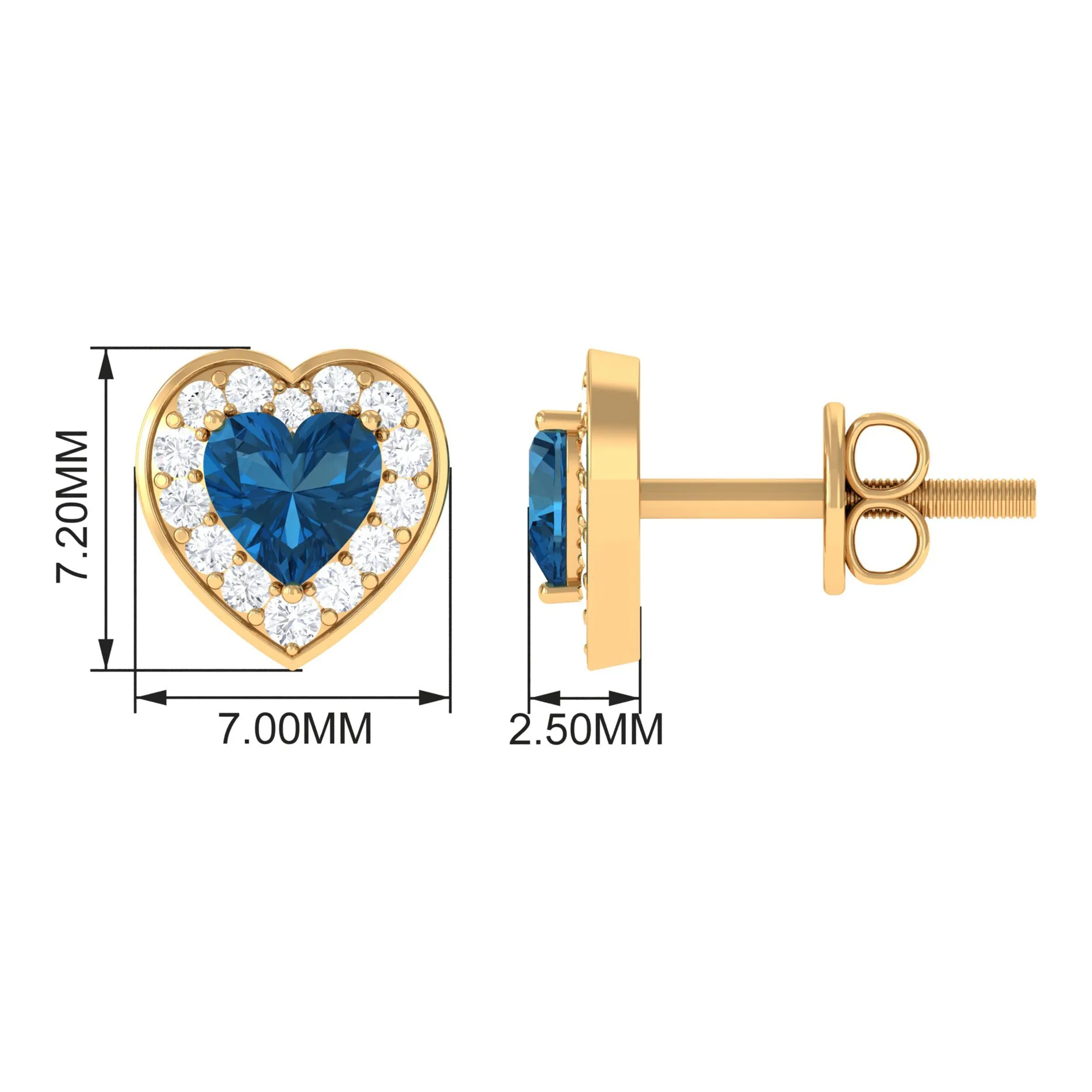 Heart Shape Real London Blue Topaz and Diamond Halo Stud Earrings