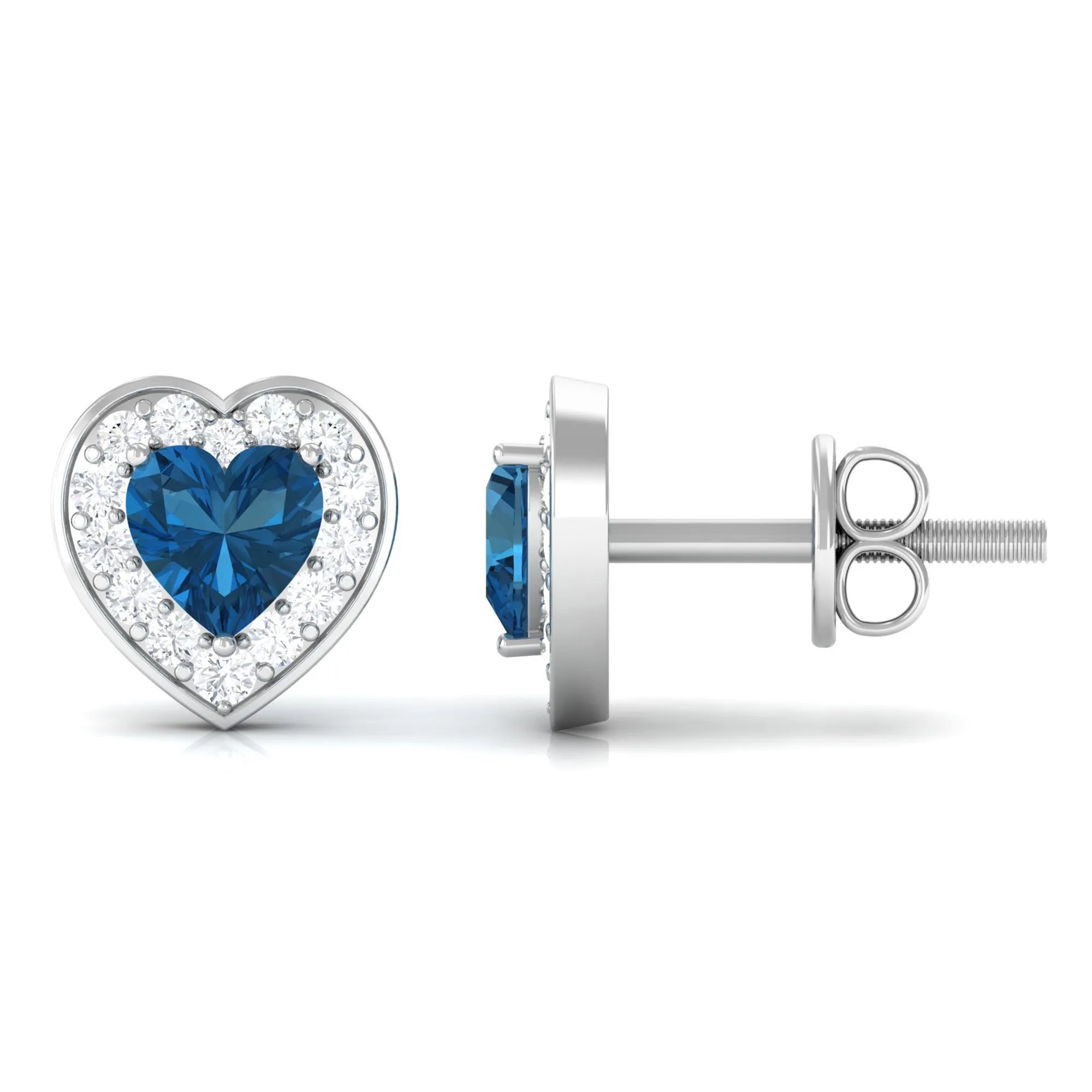 Heart Shape Real London Blue Topaz and Diamond Halo Stud Earrings
