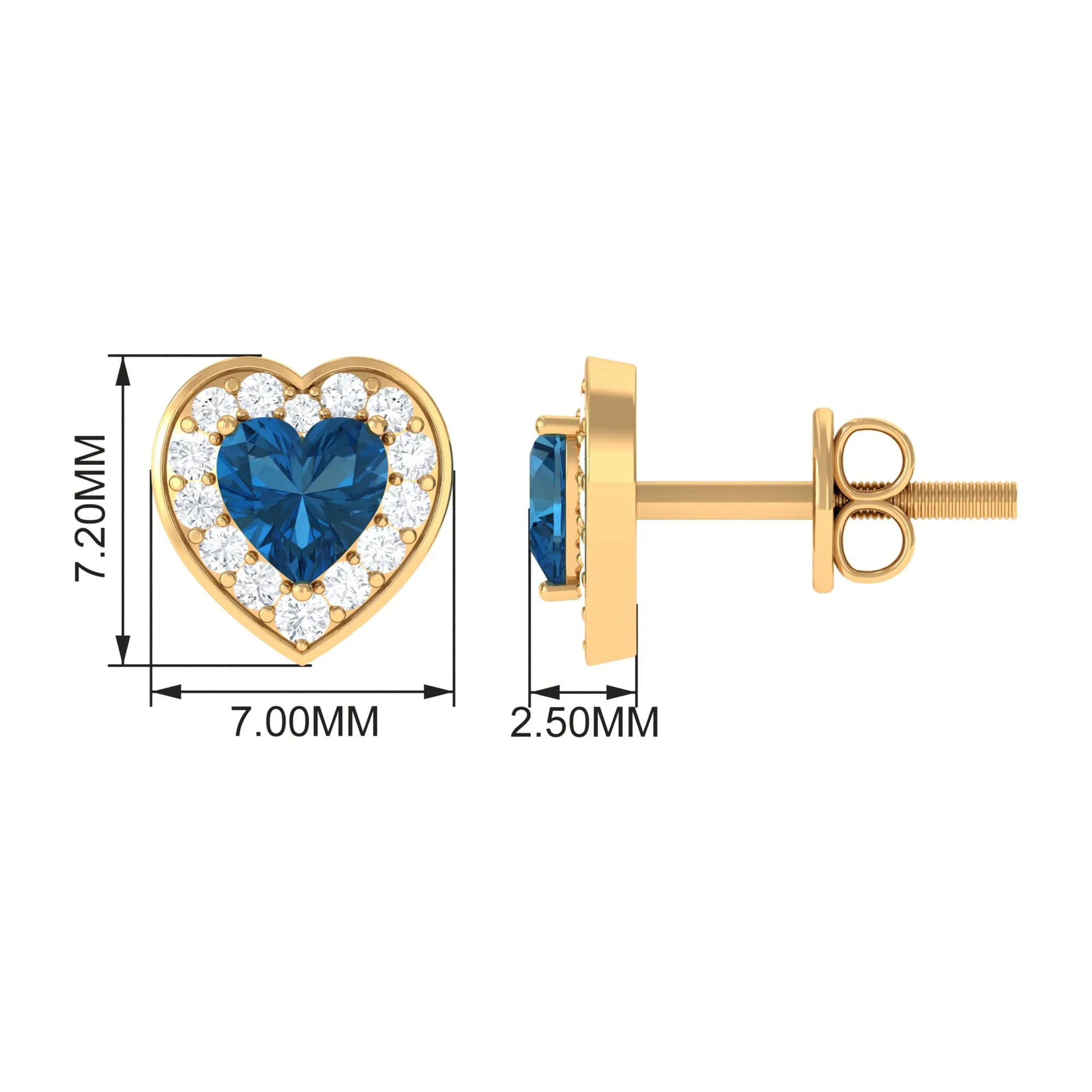 Heart Shape Real London Blue Topaz and Diamond Halo Stud Earrings