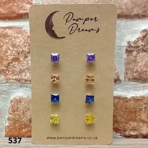 Hypoallergenic Stainless Steel CZ & Opalite Earring Set 4 Pairs Gold Colour -  537