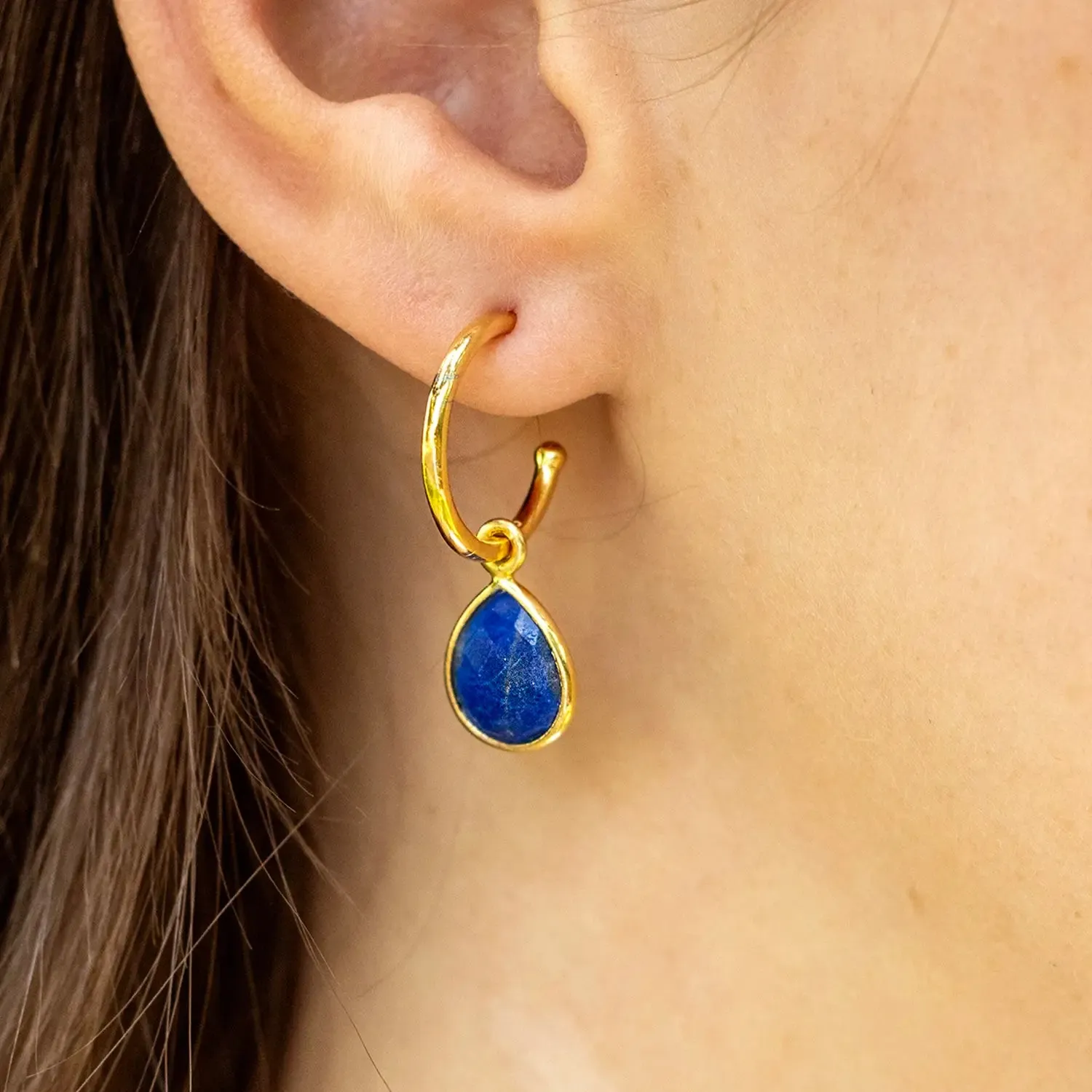Lapis Lazuli Drop Hoop Earrings Rose Gold September Birthstone