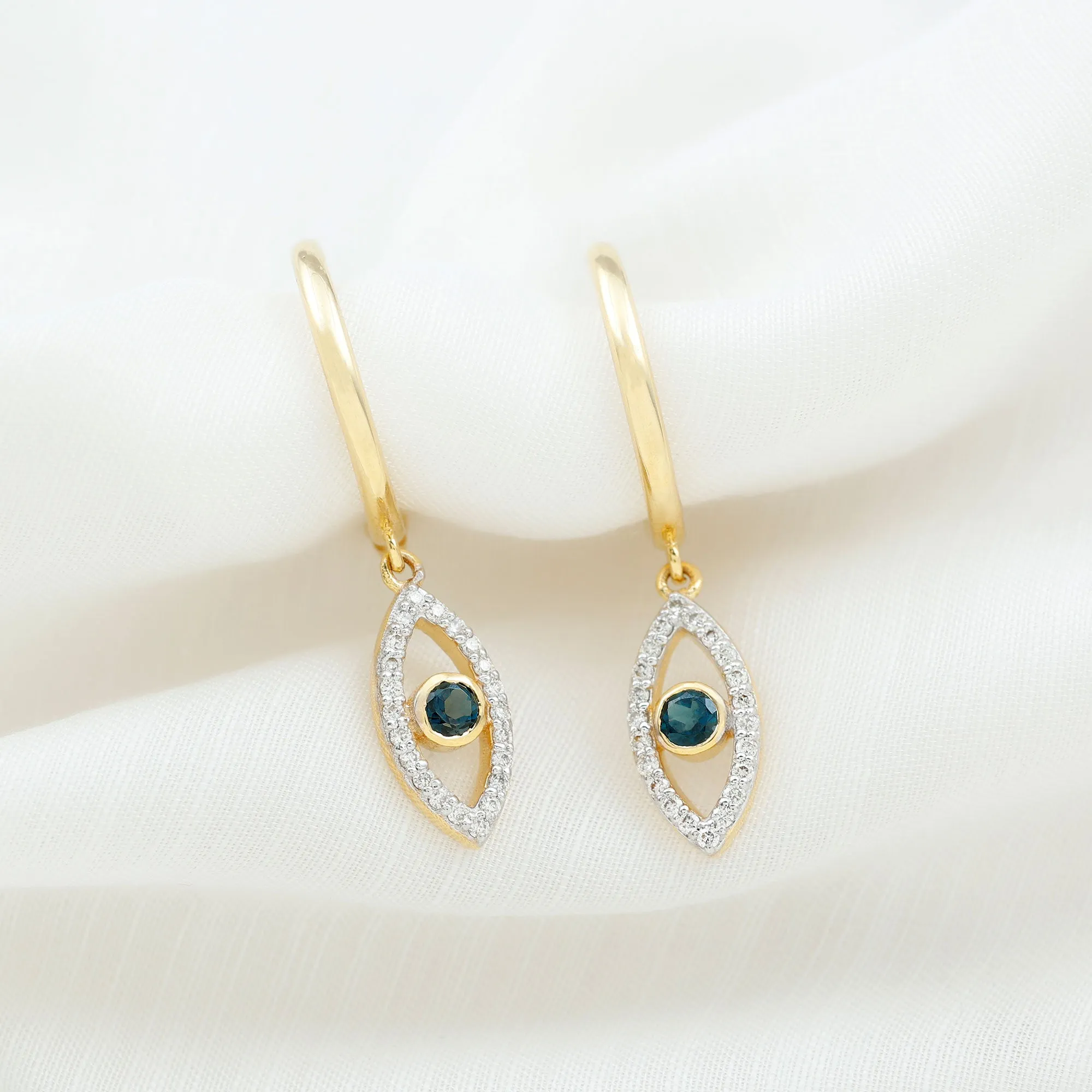 London Blue Topaz and Diamond Evil Eye Hoop Drop Earrings