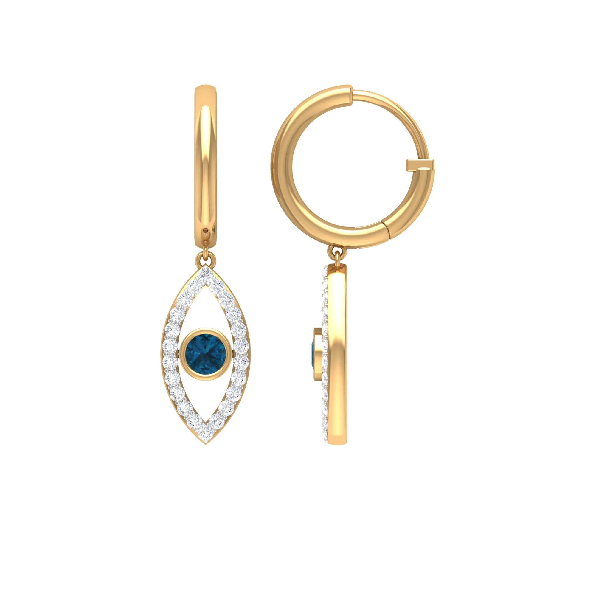 London Blue Topaz and Diamond Evil Eye Hoop Drop Earrings