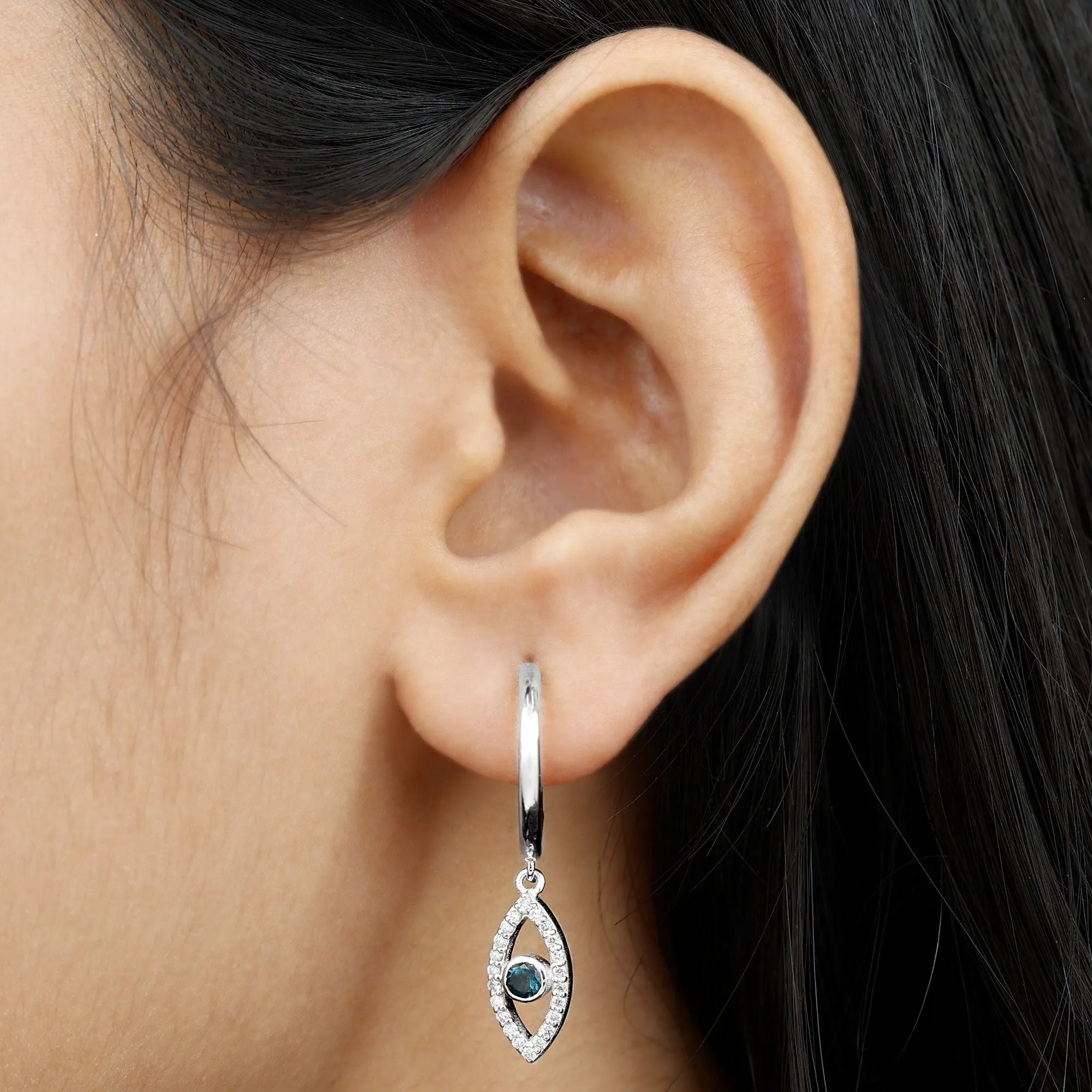 London Blue Topaz and Diamond Evil Eye Hoop Drop Earrings