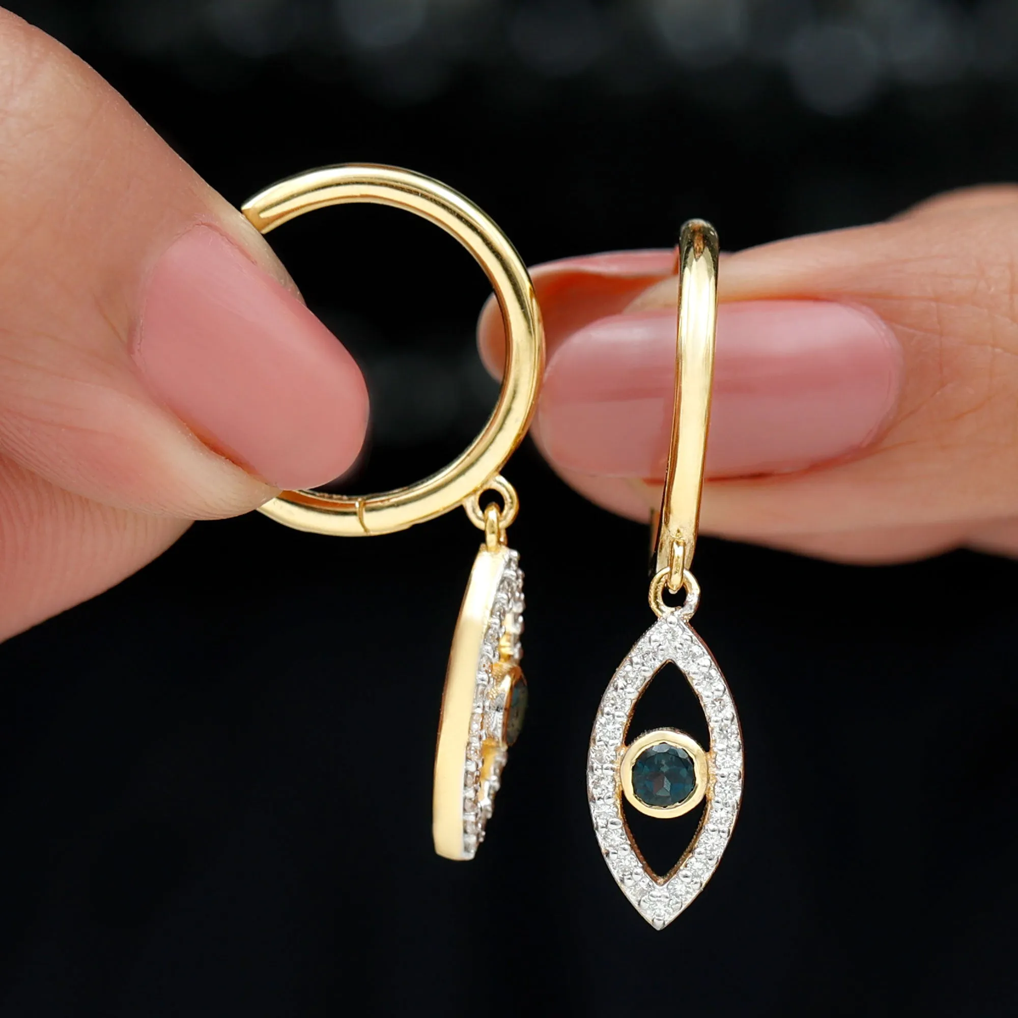 London Blue Topaz and Diamond Evil Eye Hoop Drop Earrings